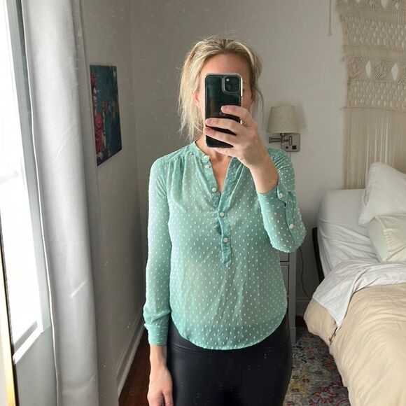 J Crew Dash Dot‎ Green White Sheer Blouse Size XXS - Picture 2 of 8